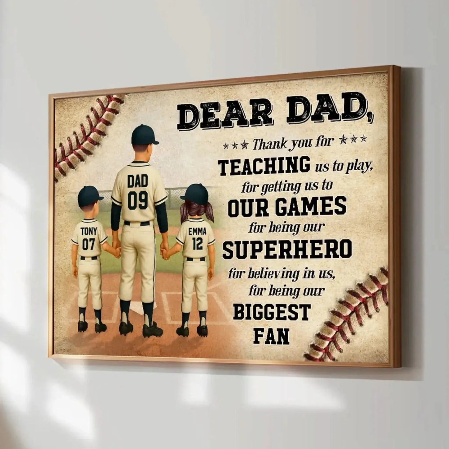 Custom Baseball Dad Poster – Personalized Father & Kids Back View Gift, Home Run Quote for Father’s Day or Birthday Ezcustomize