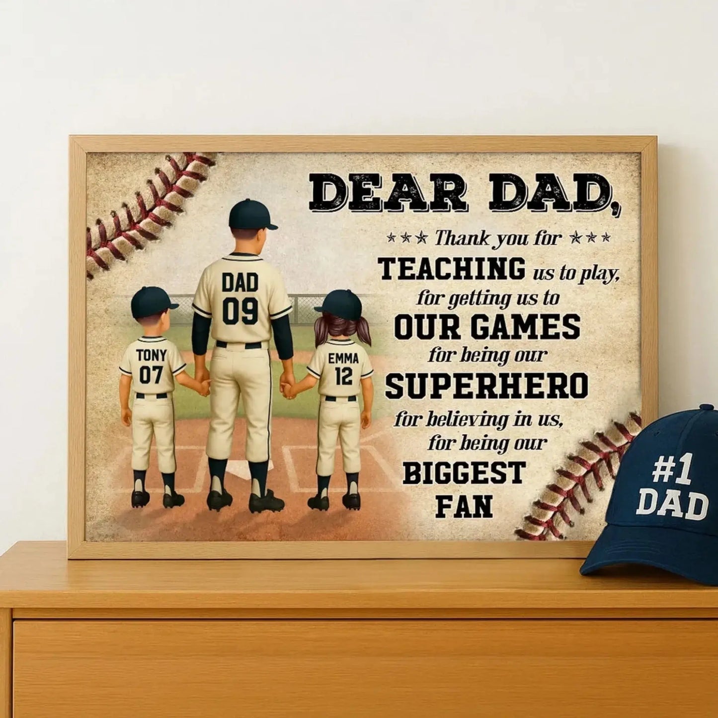 Custom Baseball Dad Poster – Personalized Father & Kids Back View Gift, Home Run Quote for Father’s Day or Birthday Ezcustomize