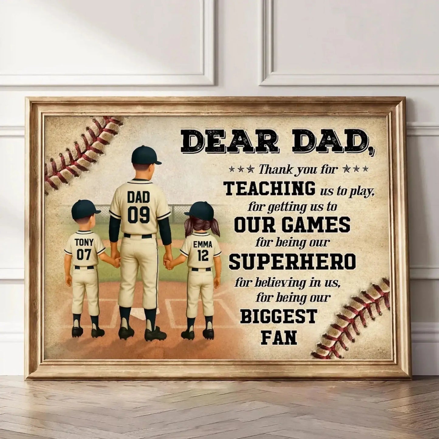 Custom Baseball Dad Poster – Personalized Father & Kids Back View Gift, Home Run Quote for Father’s Day or Birthday Ezcustomize