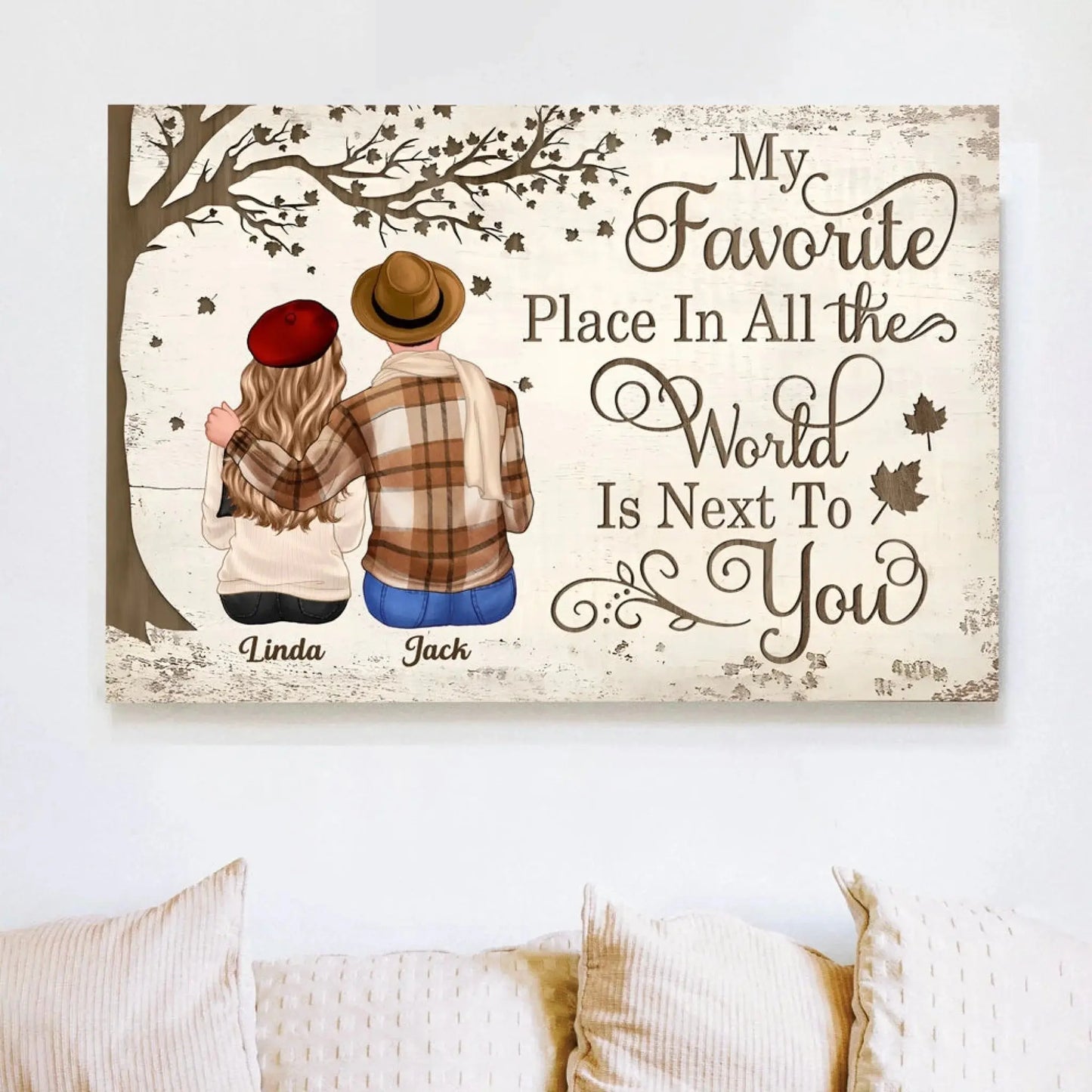 Custom Couple Poster/Canvas Sitting Under Tree – Personalized Fall Scene with Names – Romantic Gift for Anniversary or Valentine’s Day Ezcustomize