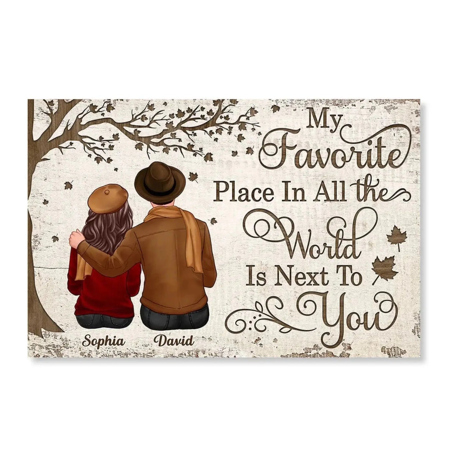 Custom Couple Poster/Canvas Sitting Under Tree – Personalized Fall Scene with Names – Romantic Gift for Anniversary or Valentine’s Day Ezcustomize