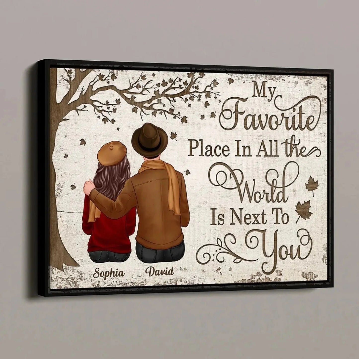 Custom Couple Poster/Canvas Sitting Under Tree – Personalized Fall Scene with Names – Romantic Gift for Anniversary or Valentine’s Day Ezcustomize