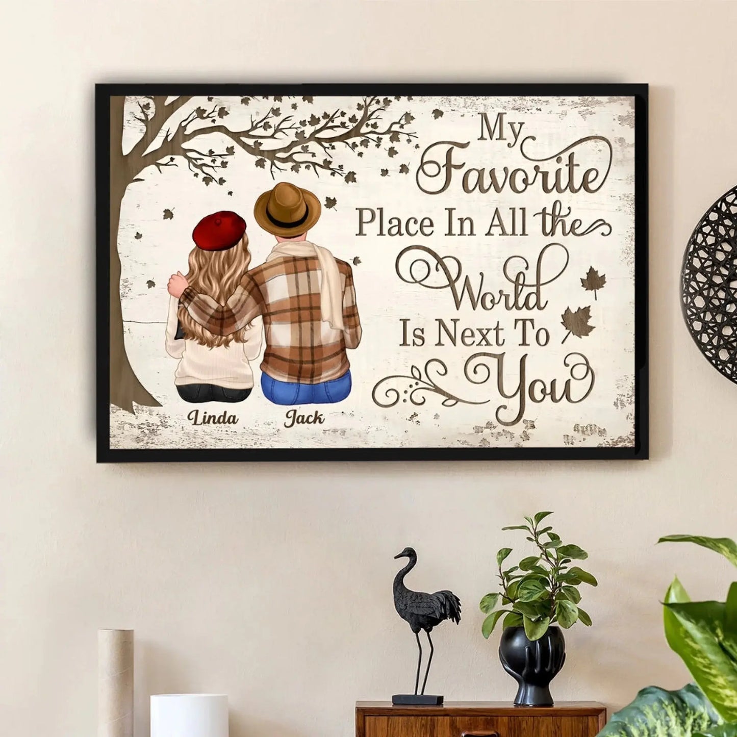 Custom Couple Poster/Canvas Sitting Under Tree – Personalized Fall Scene with Names – Romantic Gift for Anniversary or Valentine’s Day Ezcustomize