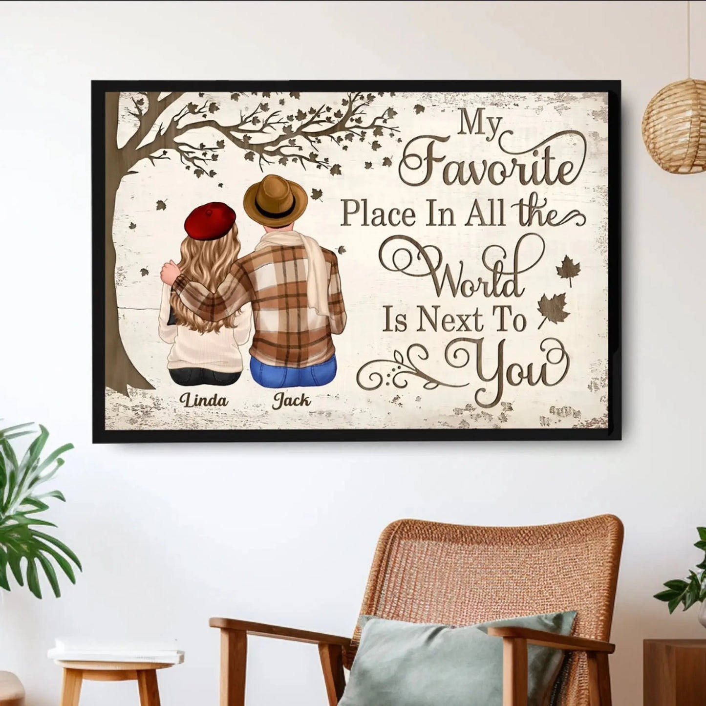 Custom Couple Poster/Canvas Sitting Under Tree – Personalized Fall Scene with Names – Romantic Gift for Anniversary or Valentine’s Day Ezcustomize