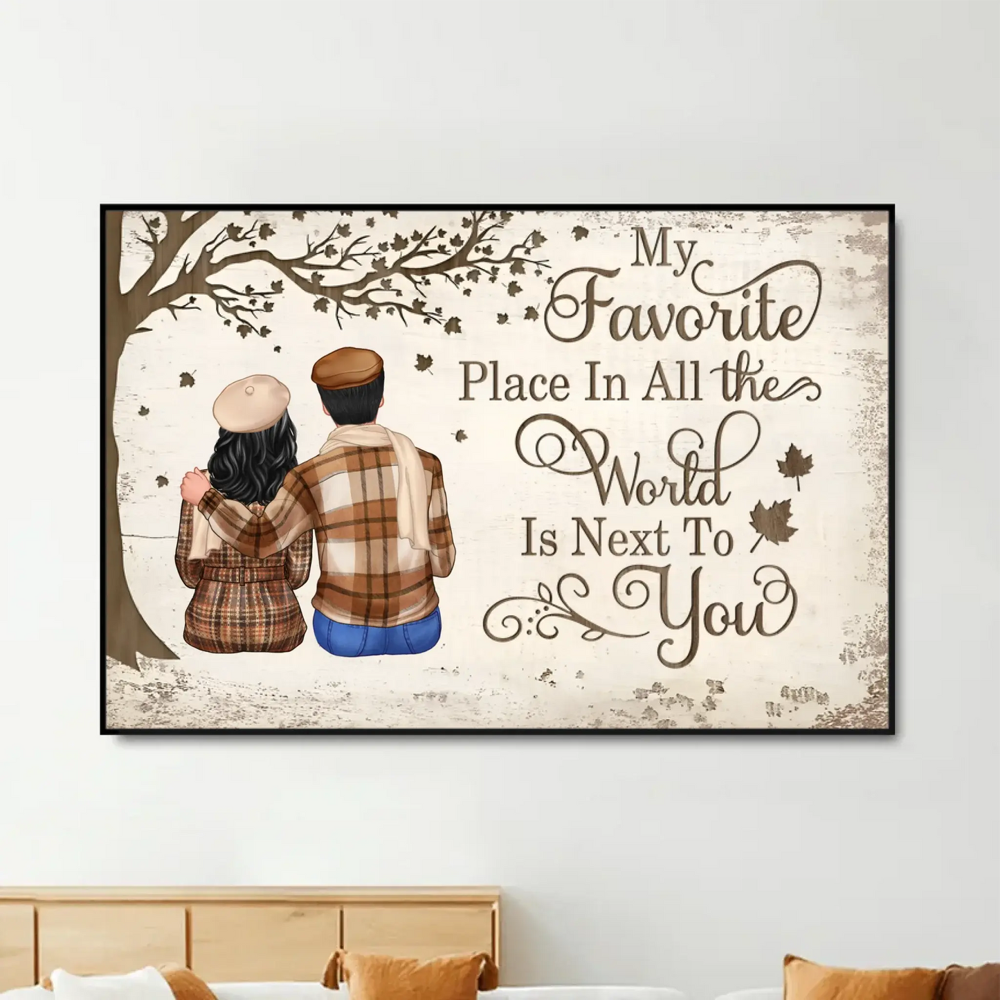 Custom Couple Poster/Canvas Sitting Under Tree – Personalized Fall Scene with Names – Romantic Gift for Anniversary or Valentine’s Day Ezcustomize