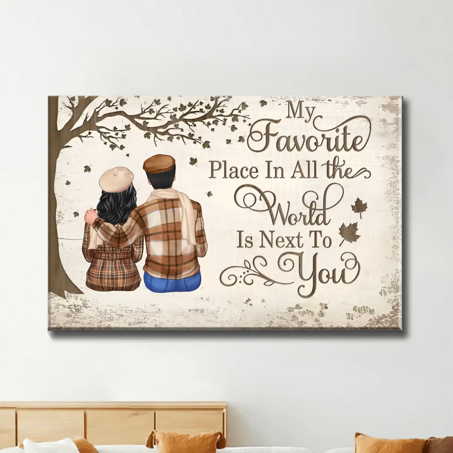 Custom Couple Poster/Canvas Sitting Under Tree – Personalized Fall Scene with Names – Romantic Gift for Anniversary or Valentine’s Day Ezcustomize