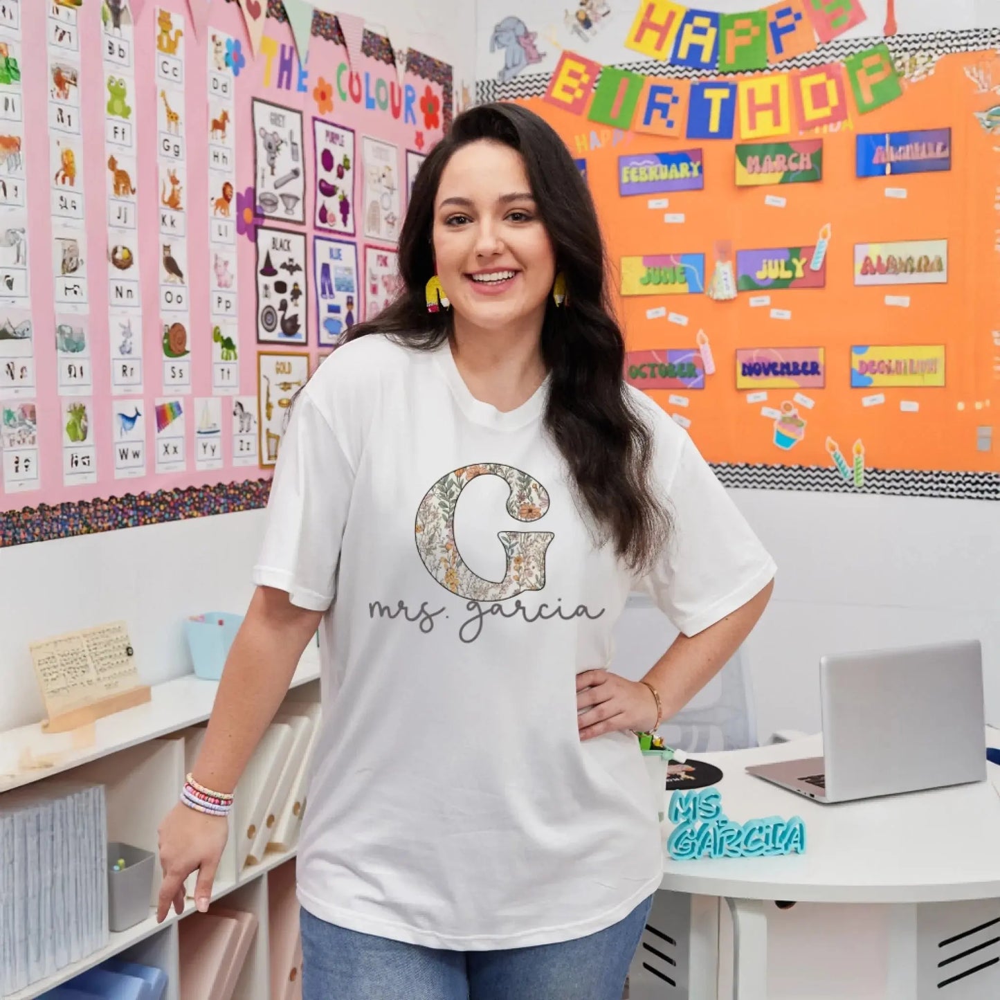 Custom Floral Teacher Shirt with Name – Personalized Back to School Shirt for Grade Level, Subject, or Teacher Name Ezcustomize