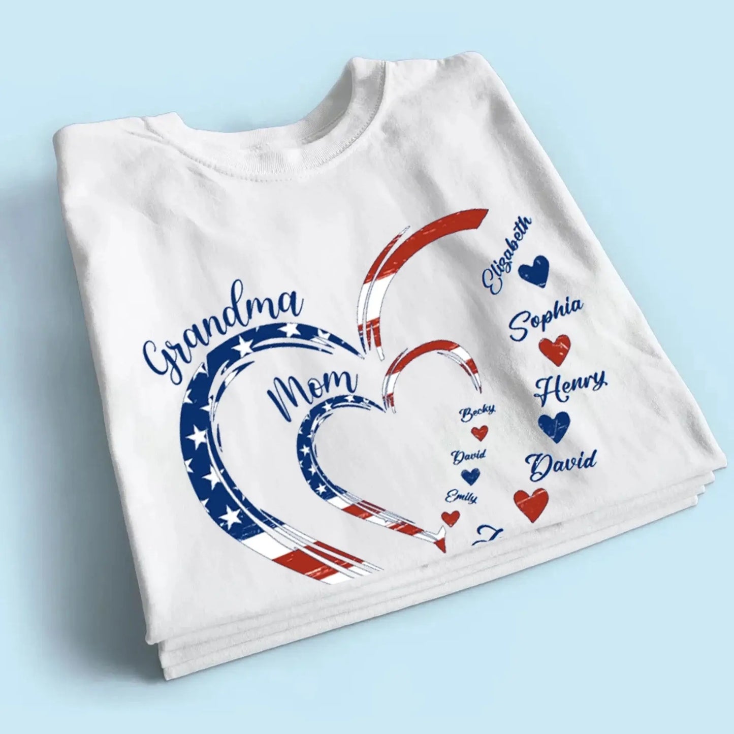 Custom Grandma Mom Heart Shirt – Personalized 4th of July Family T-shirt with Kids' Names, Patriotic Gift for Her Ezcustomize