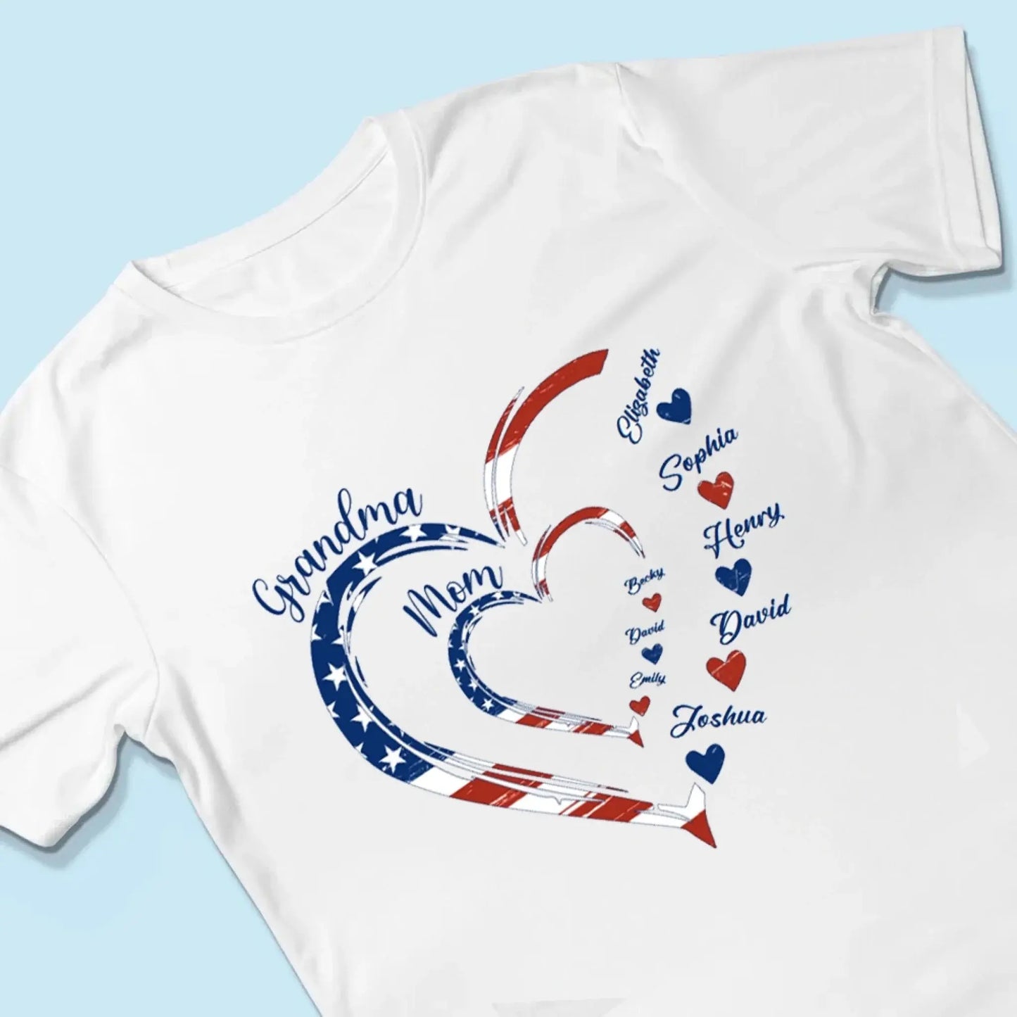 Custom Grandma Mom Heart Shirt – Personalized 4th of July Family T-shirt with Kids' Names, Patriotic Gift for Her Ezcustomize
