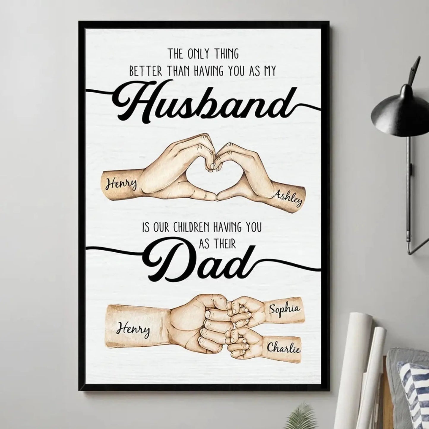 Custom Husband & Dad Poster – Personalized Father’s Day Gift from Wife, Romantic Heart Hand & Kids’ Fist Bump Canvas Ezcustomize