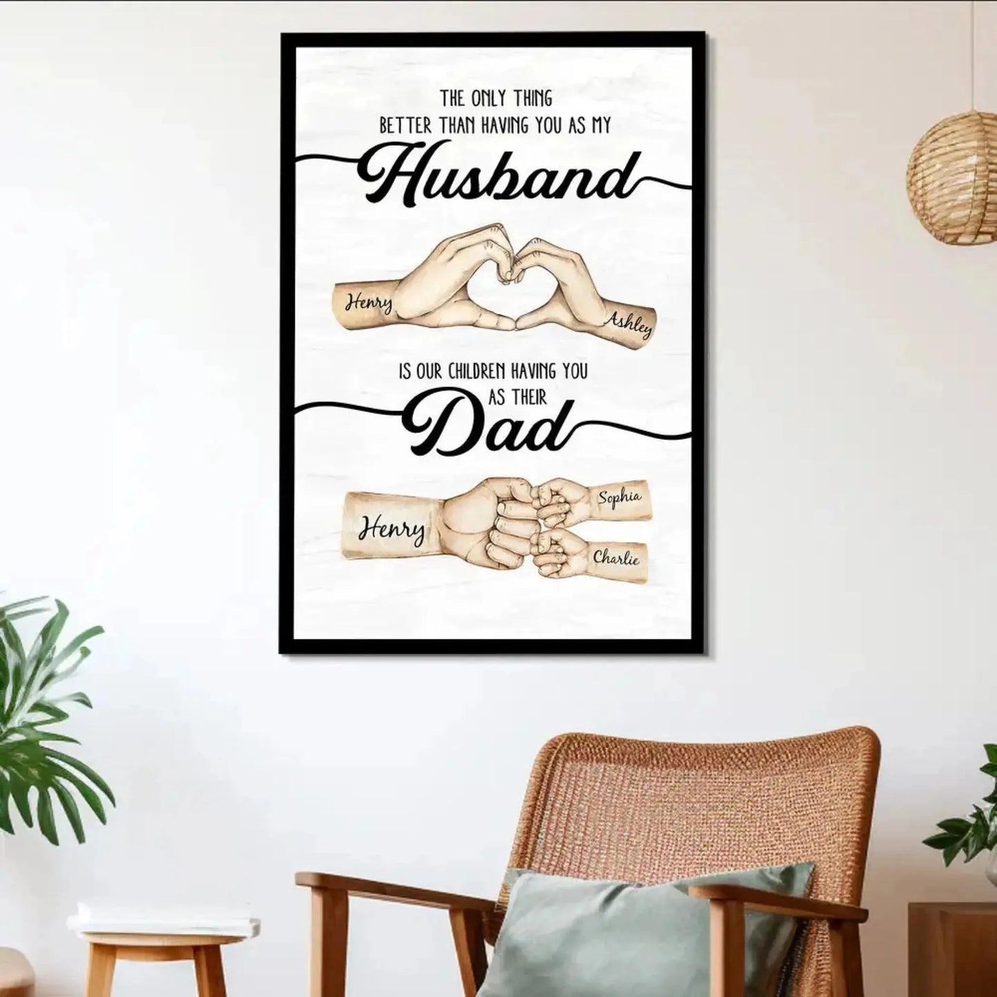 Custom Husband & Dad Poster – Personalized Father’s Day Gift from Wife, Romantic Heart Hand & Kids’ Fist Bump Canvas Ezcustomize