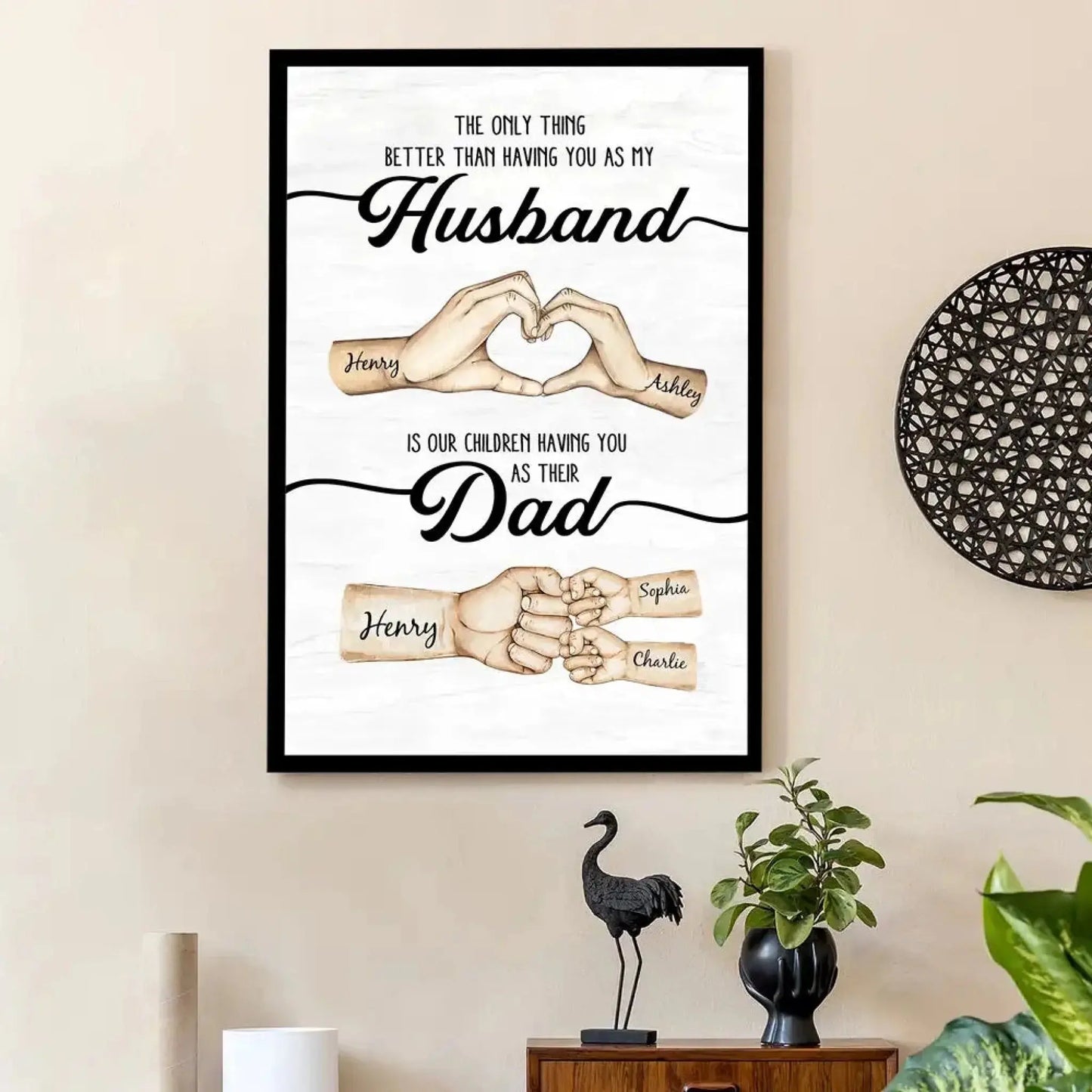 Custom Husband & Dad Poster – Personalized Father’s Day Gift from Wife, Romantic Heart Hand & Kids’ Fist Bump Canvas Ezcustomize
