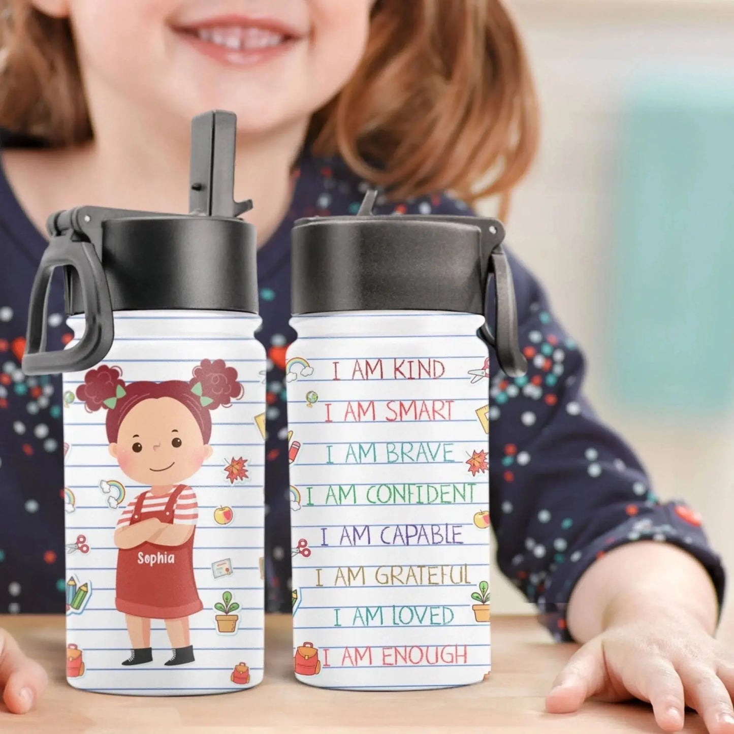 Custom Kids Water Bottle With Straw Lid – Personalized 12oz Stainless Steel Thermos for School, Name & Character Design, Gift for Boys Girls Ezcustomize