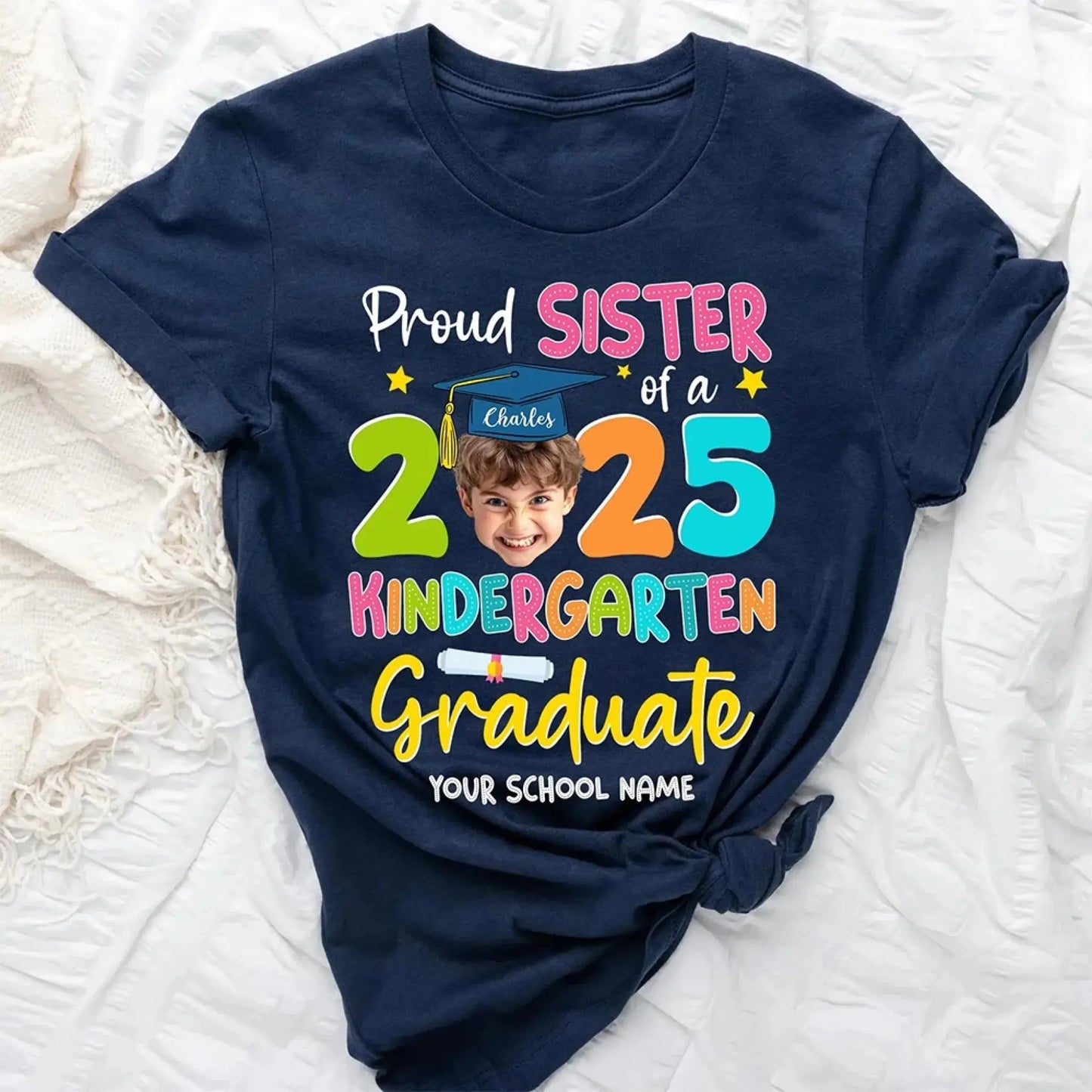 Custom Kindergarten Graduation Shirt with Photo – Proud Family 2025 Grad T-Shirt – Personalized Last Day of School Gift for Mom, Dad, Siblings Ezcustomize