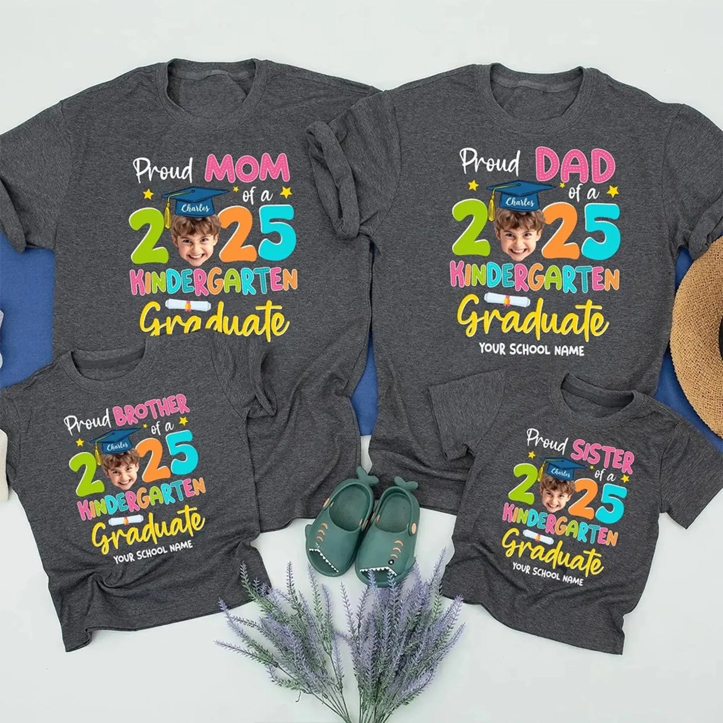 Custom Kindergarten Graduation Shirt with Photo – Proud Family 2025 Grad T-Shirt – Personalized Last Day of School Gift for Mom, Dad, Siblings Ezcustomize