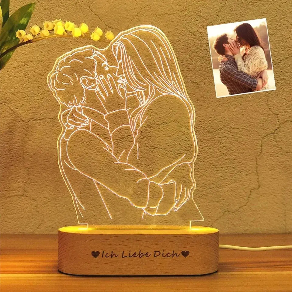 Custom Line Art Photo LED Lamp – Personalized Engraved Minimalist Couple Drawing Light with Wood Base, Romantic Gift for Anniversary or Valentine’s Day Ezcustomize