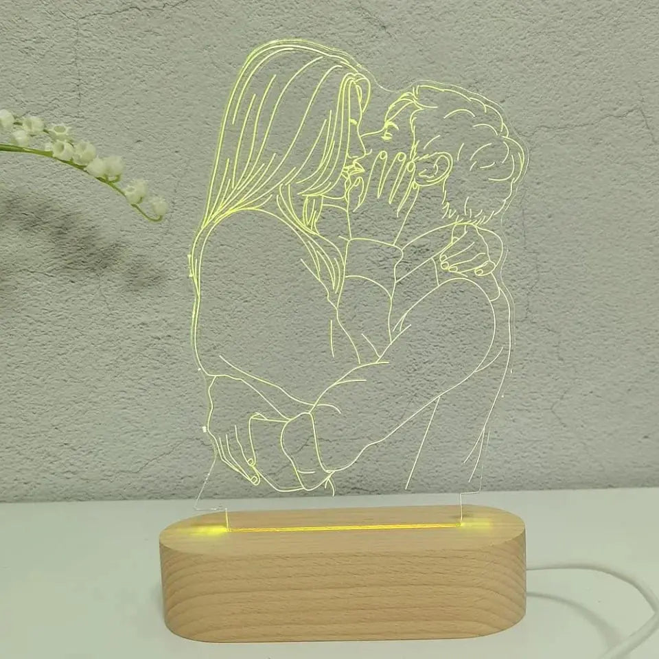 Custom Line Art Photo LED Lamp – Personalized Engraved Minimalist Couple Drawing Light with Wood Base, Romantic Gift for Anniversary or Valentine’s Day Ezcustomize