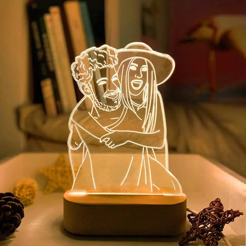 Custom Line Art Photo LED Lamp – Personalized Engraved Minimalist Couple Drawing Light with Wood Base, Romantic Gift for Anniversary or Valentine’s Day Ezcustomize