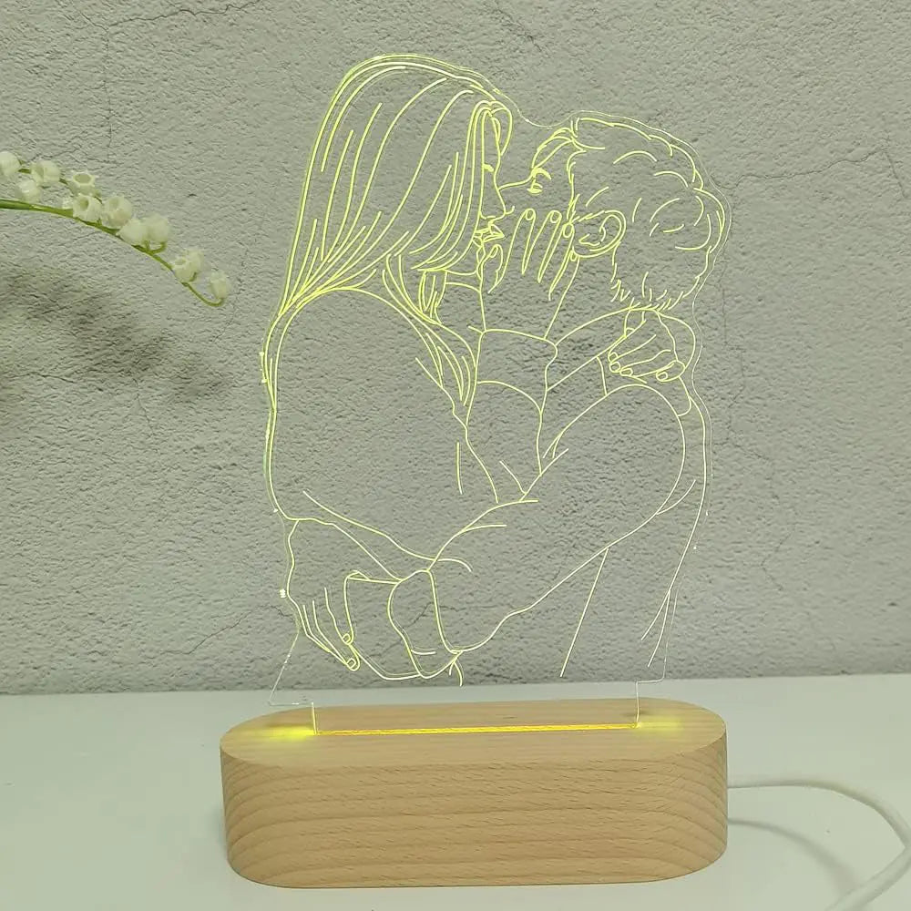Custom Line Art Photo LED Lamp – Personalized Engraved Minimalist Couple Drawing Light with Wood Base, Romantic Gift for Anniversary or Valentine’s Day Ezcustomize