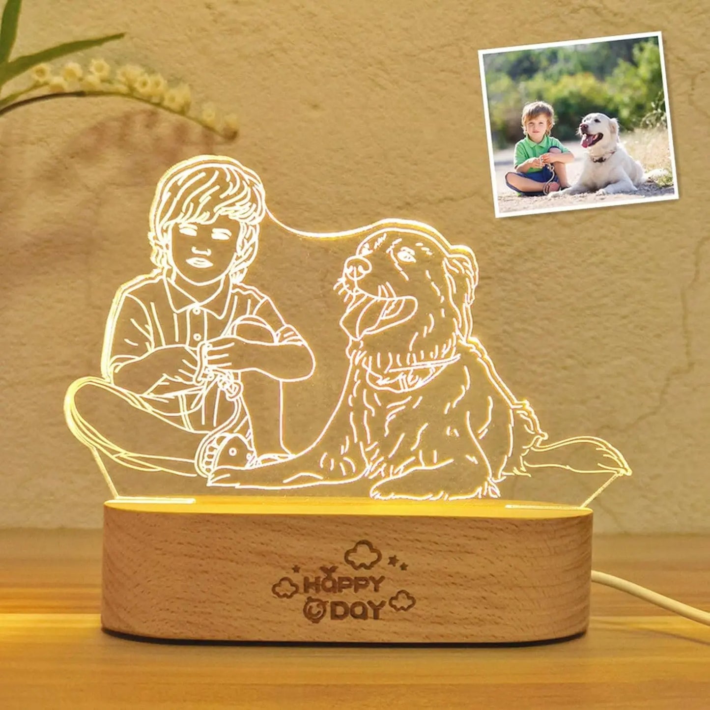 Custom Line Art Photo LED Lamp – Personalized Engraved Minimalist Couple Drawing Light with Wood Base, Romantic Gift for Anniversary or Valentine’s Day Ezcustomize