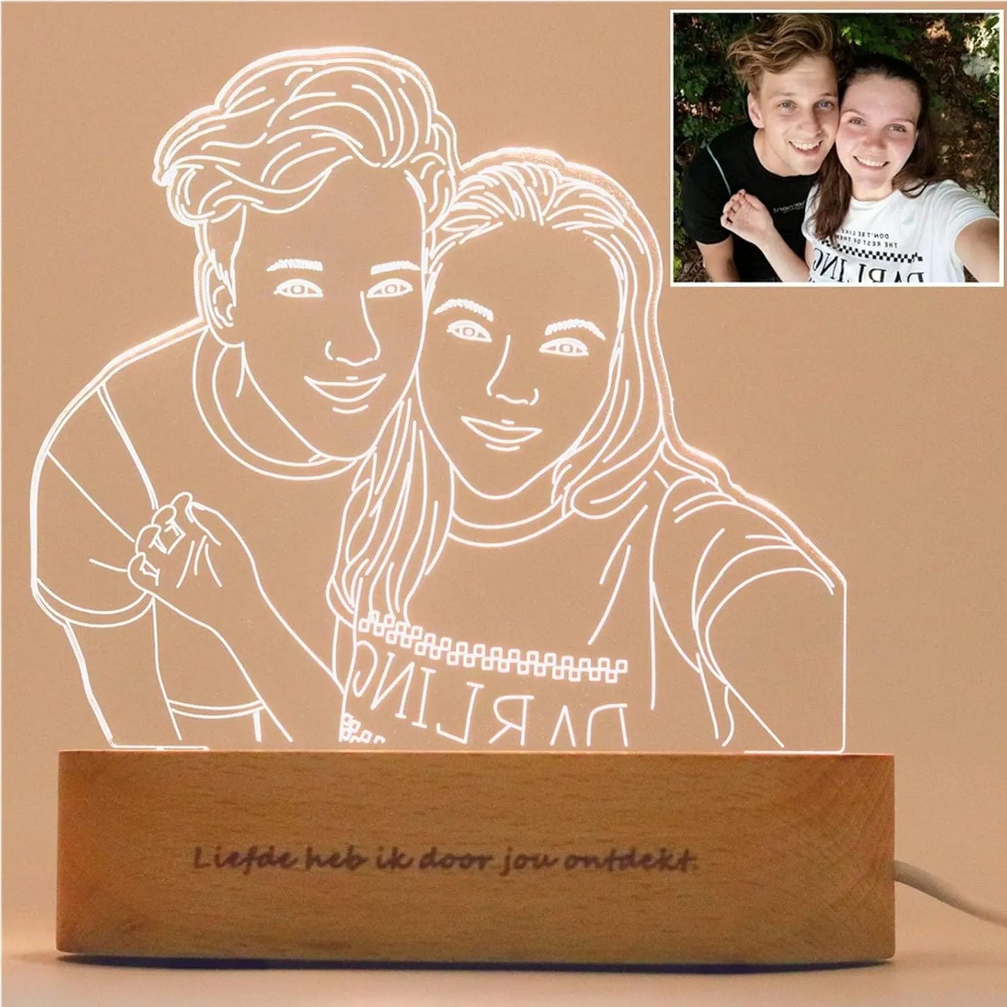 Custom Line Art Photo LED Lamp – Personalized Engraved Minimalist Couple Drawing Light with Wood Base, Romantic Gift for Anniversary or Valentine’s Day Ezcustomize