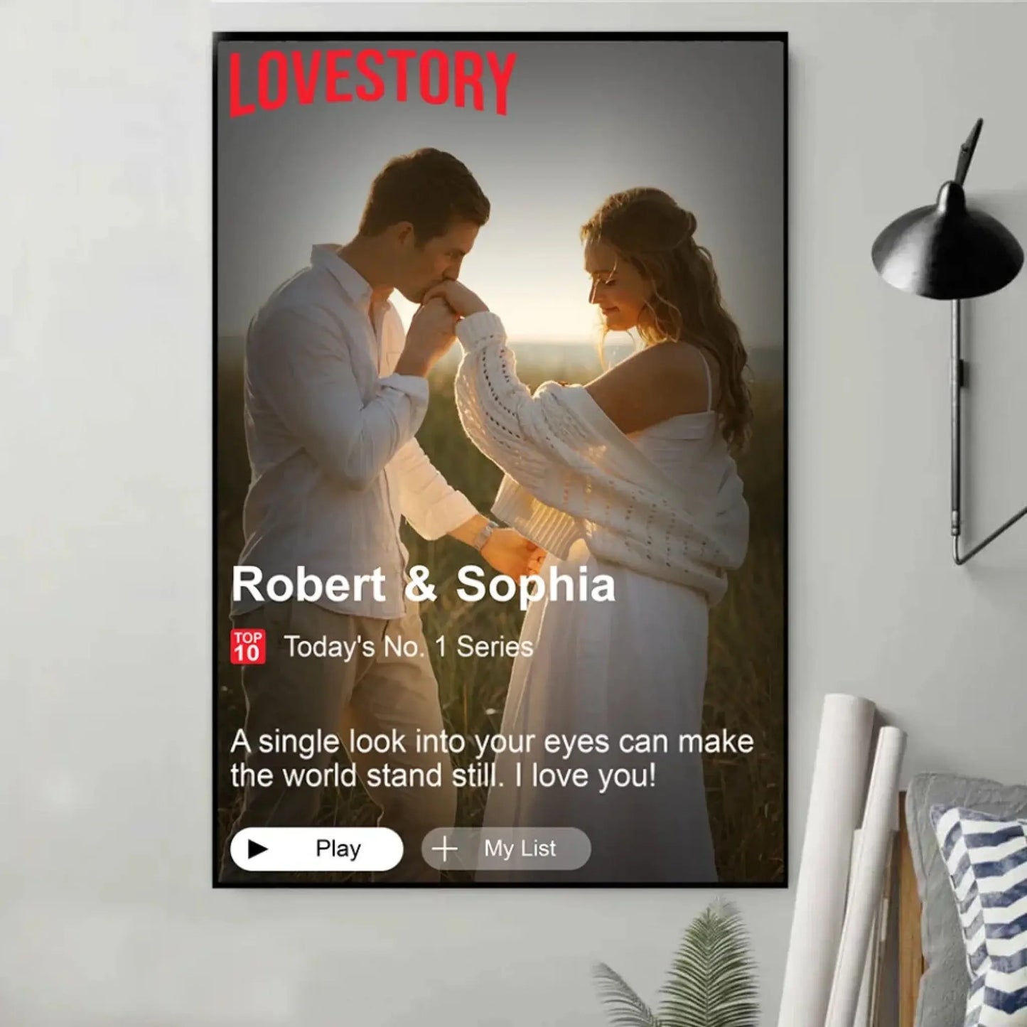 Custom Loveflix Poster – Personalized Couple Canvas Inspired by Romantic Streaming Scenes, Valentine’s Day Gift for Him or Her Ezcustomize