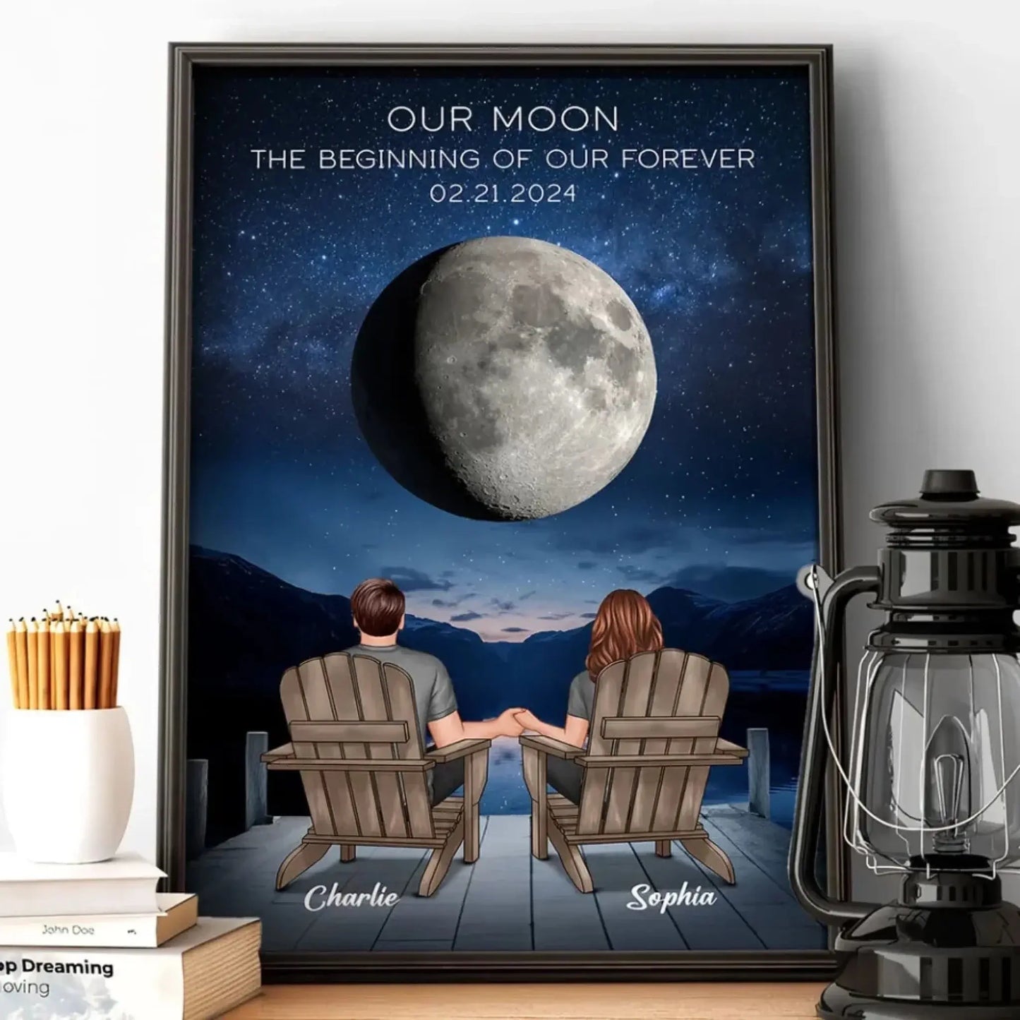 Custom Moon Phase Art - Back View Couple Poster, Perfect Wedding Anniversary Gift for Him & Her Ezcustomize