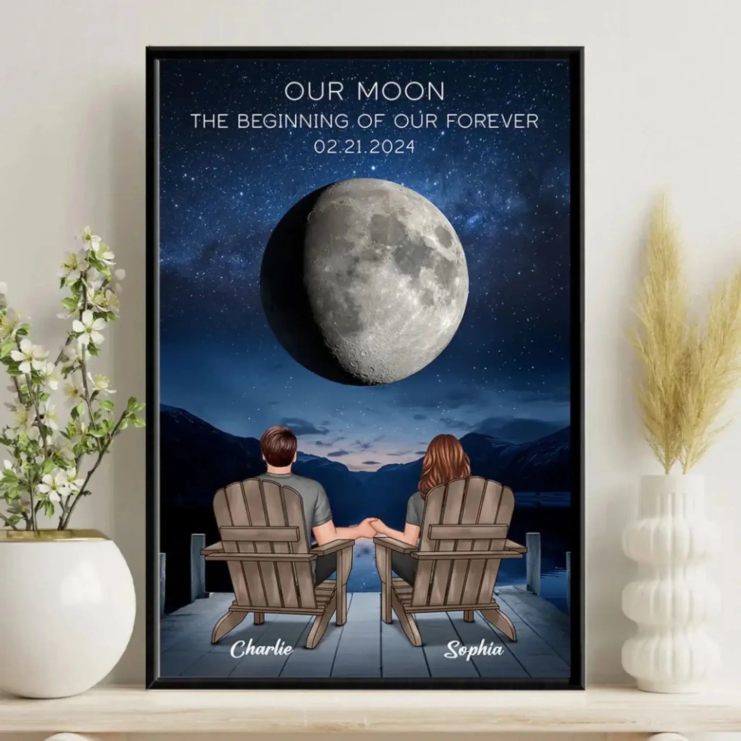 Custom Moon Phase Art - Back View Couple Poster, Perfect Wedding Anniversary Gift for Him & Her Ezcustomize