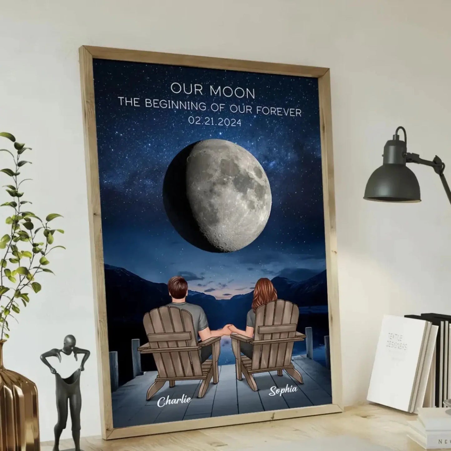 Custom Moon Phase Art - Back View Couple Poster, Perfect Wedding Anniversary Gift for Him & Her Ezcustomize