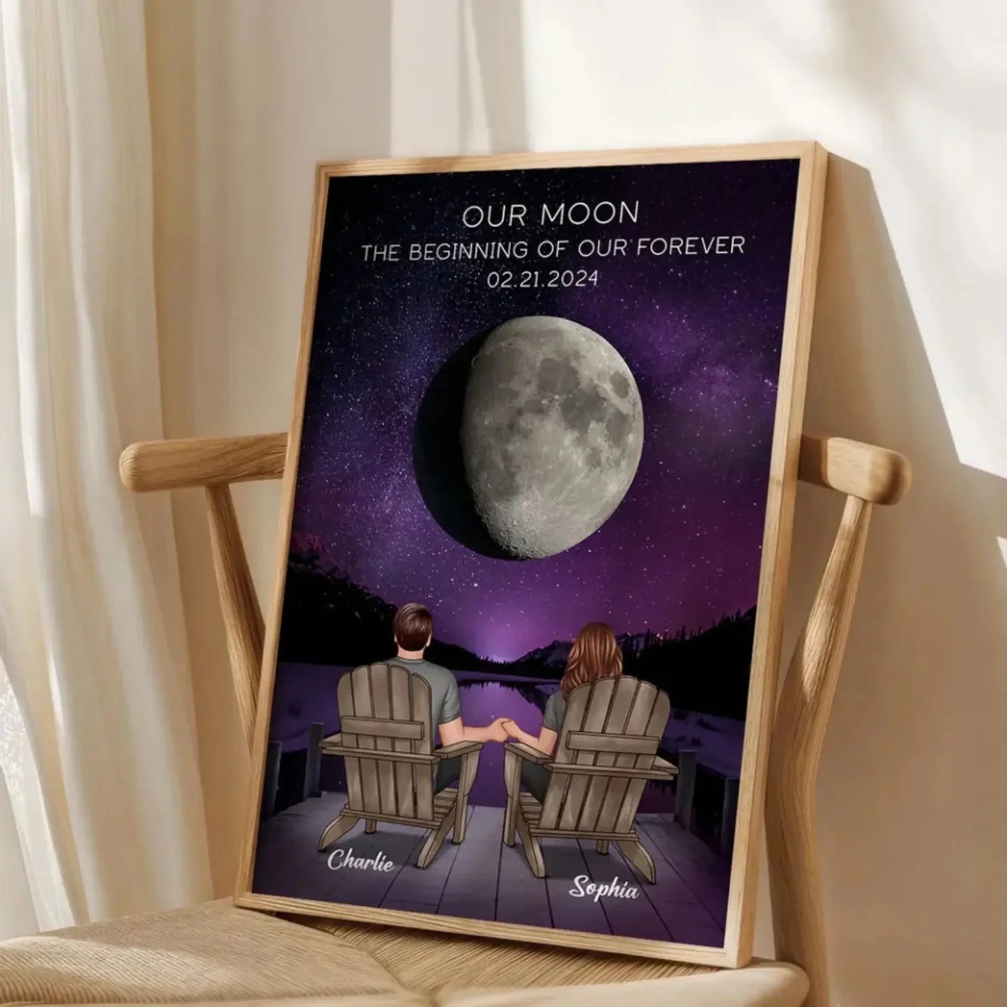 Custom Moon Phase Art - Back View Couple Poster, Perfect Wedding Anniversary Gift for Him & Her Ezcustomize