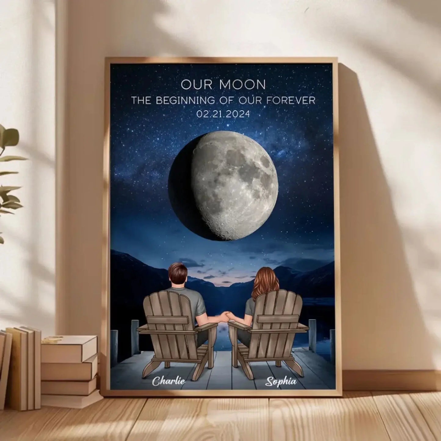 Custom Moon Phase Art - Back View Couple Poster, Perfect Wedding Anniversary Gift for Him & Her Ezcustomize