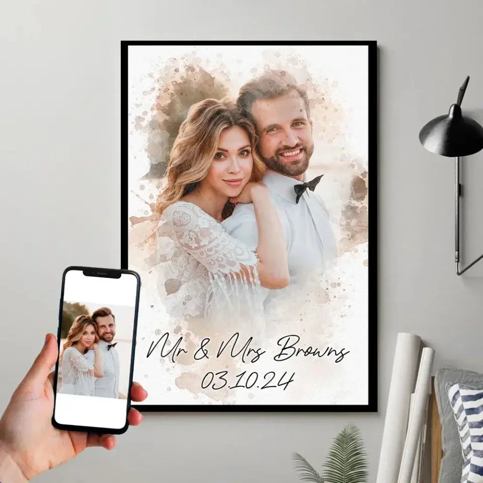 Custom Photo Couple Portrait Watercolor - Personalized Poster Ezcustomize