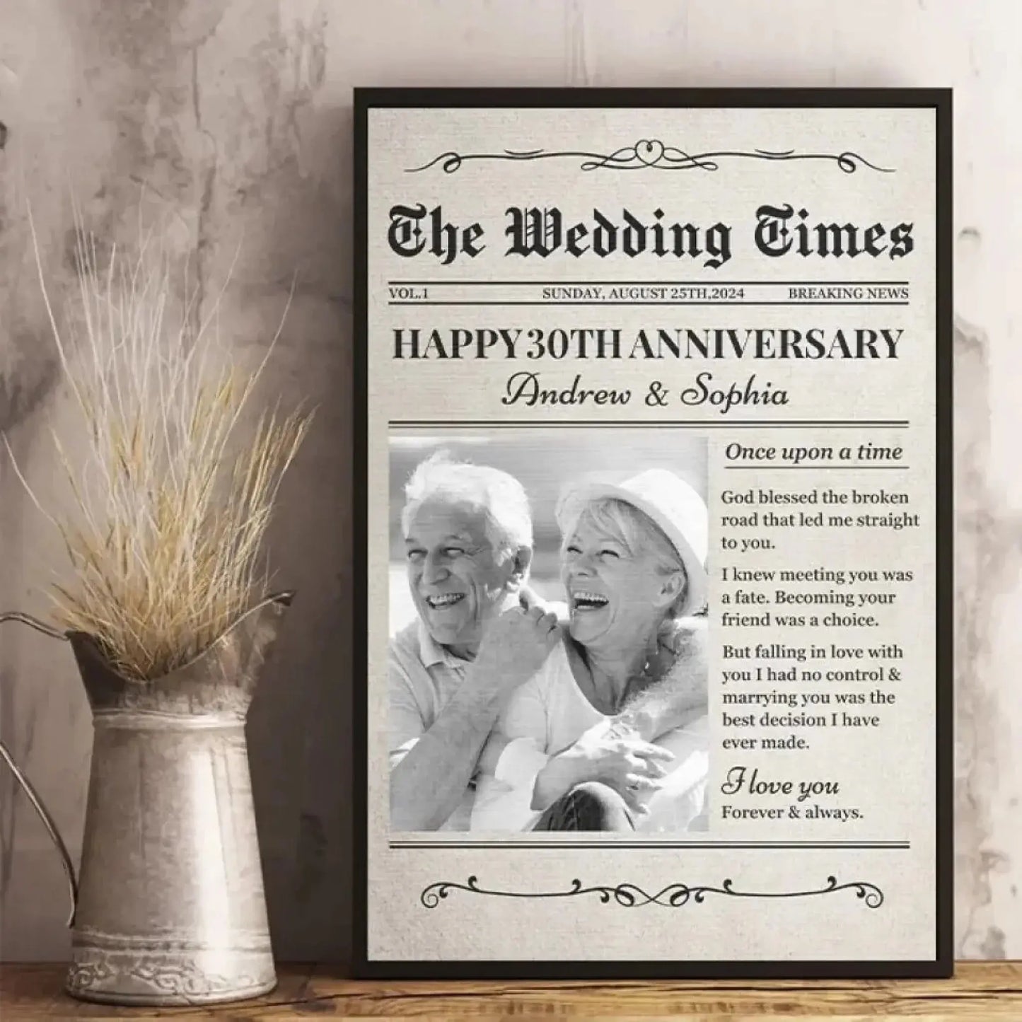 Custom Photo Newspaper "The Wedding Times" – Personalized Vertical Poster/Canvas – Save The Date, Wedding & Anniversary Gift for Couples Ezcustomize