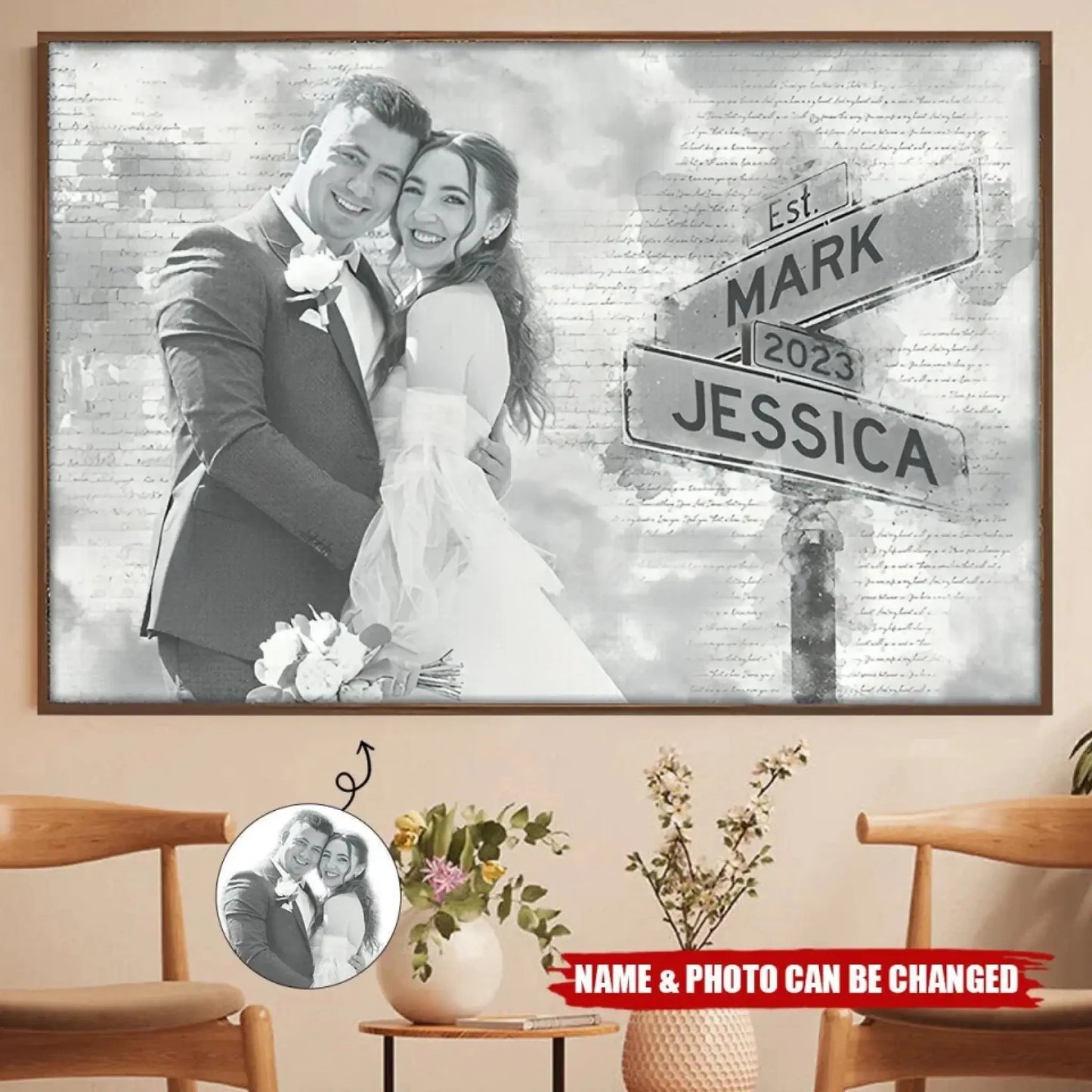 Custom Photo Street Sign Poster – Personalized Couple Canvas with Names & Date, Wedding or Anniversary Gift for Him or Her Ezcustomize