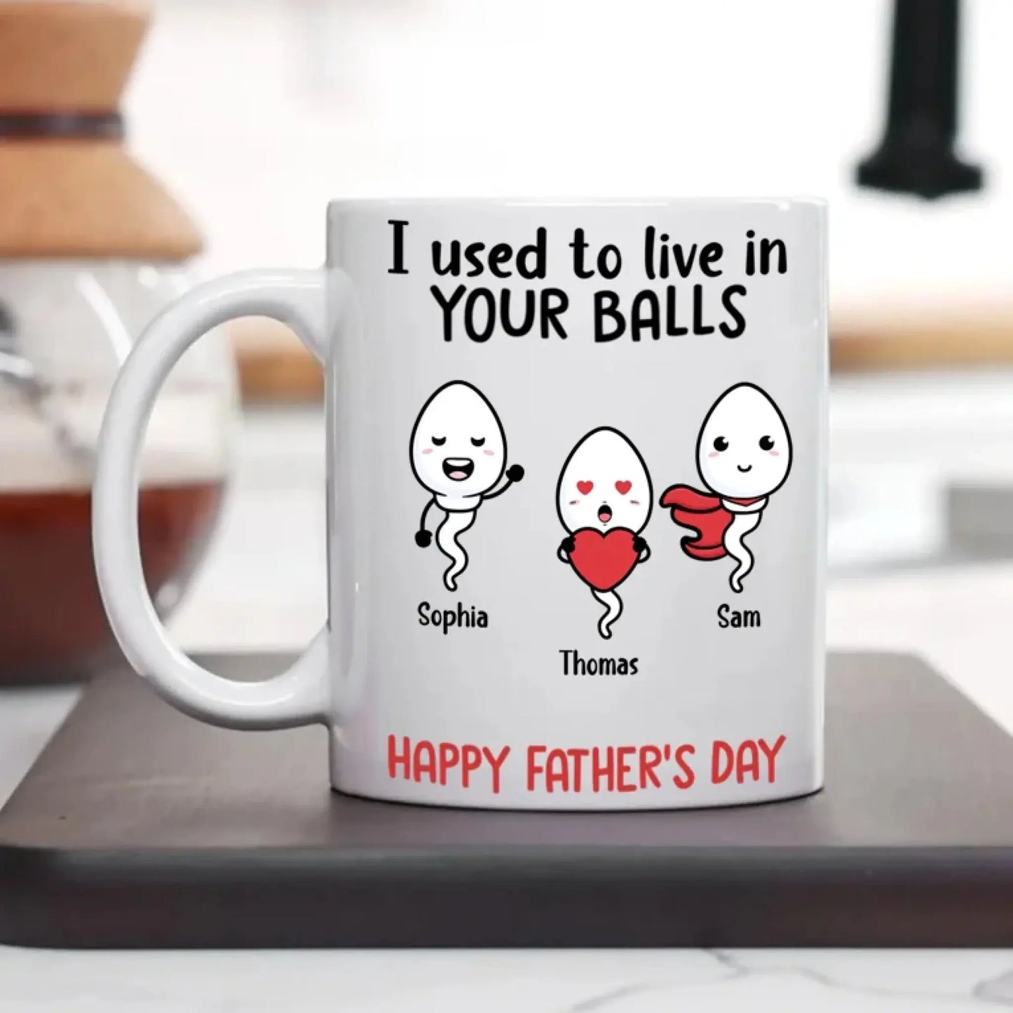 Custom “I Used to Live in Your Balls” Mug – Funny Father’s Day Gift from Kids, Personalized Sperm Characters & Names Ezcustomize