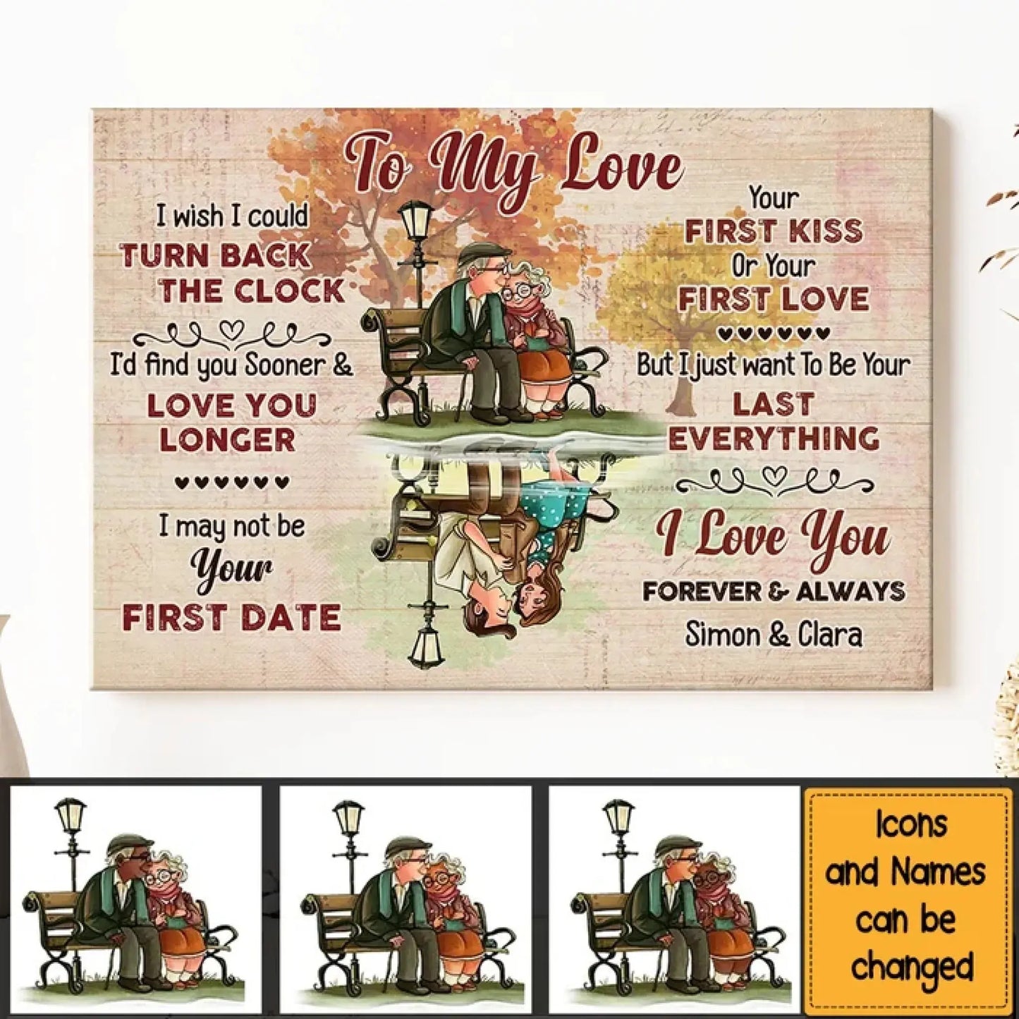 Custom "I Wish I Could Turn Back The Clock" Wall Art – Personalized Canvas Poster Gift for Elderly Couple, Forever Love Bench Scene Ezcustomize