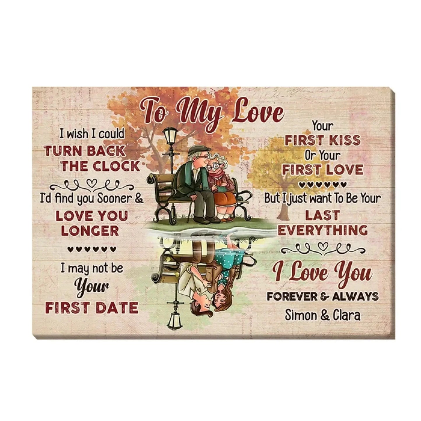 Custom "I Wish I Could Turn Back The Clock" Wall Art – Personalized Canvas Poster Gift for Elderly Couple, Forever Love Bench Scene Ezcustomize