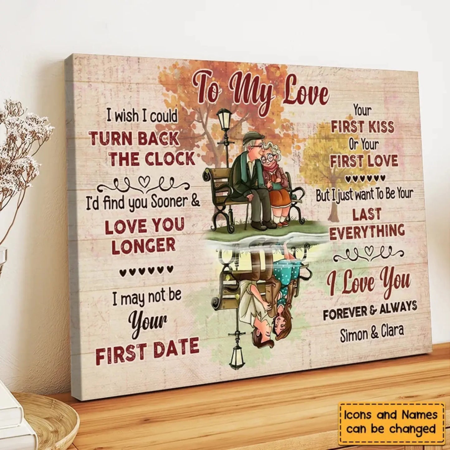 Custom "I Wish I Could Turn Back The Clock" Wall Art – Personalized Canvas Poster Gift for Elderly Couple, Forever Love Bench Scene Ezcustomize