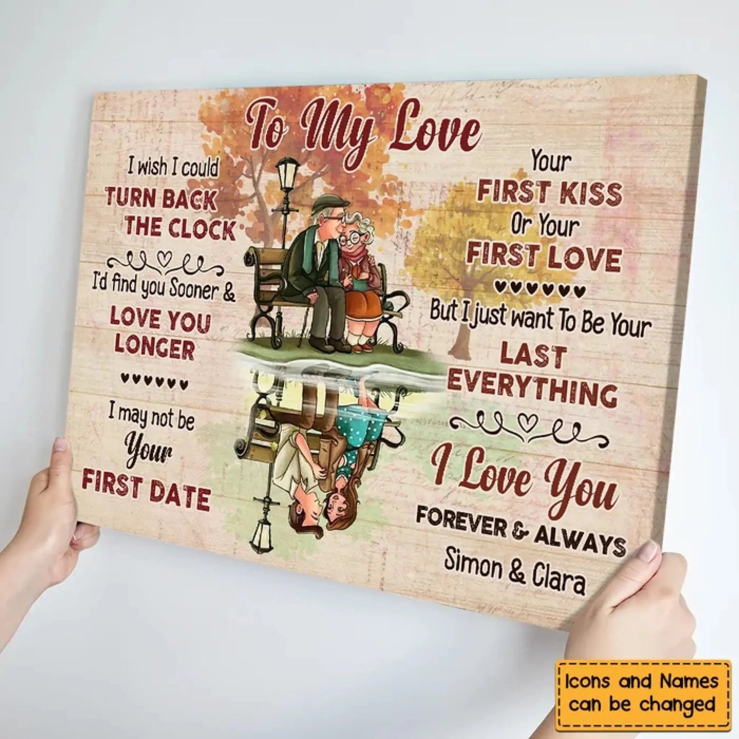 Custom "I Wish I Could Turn Back The Clock" Wall Art – Personalized Canvas Poster Gift for Elderly Couple, Forever Love Bench Scene Ezcustomize