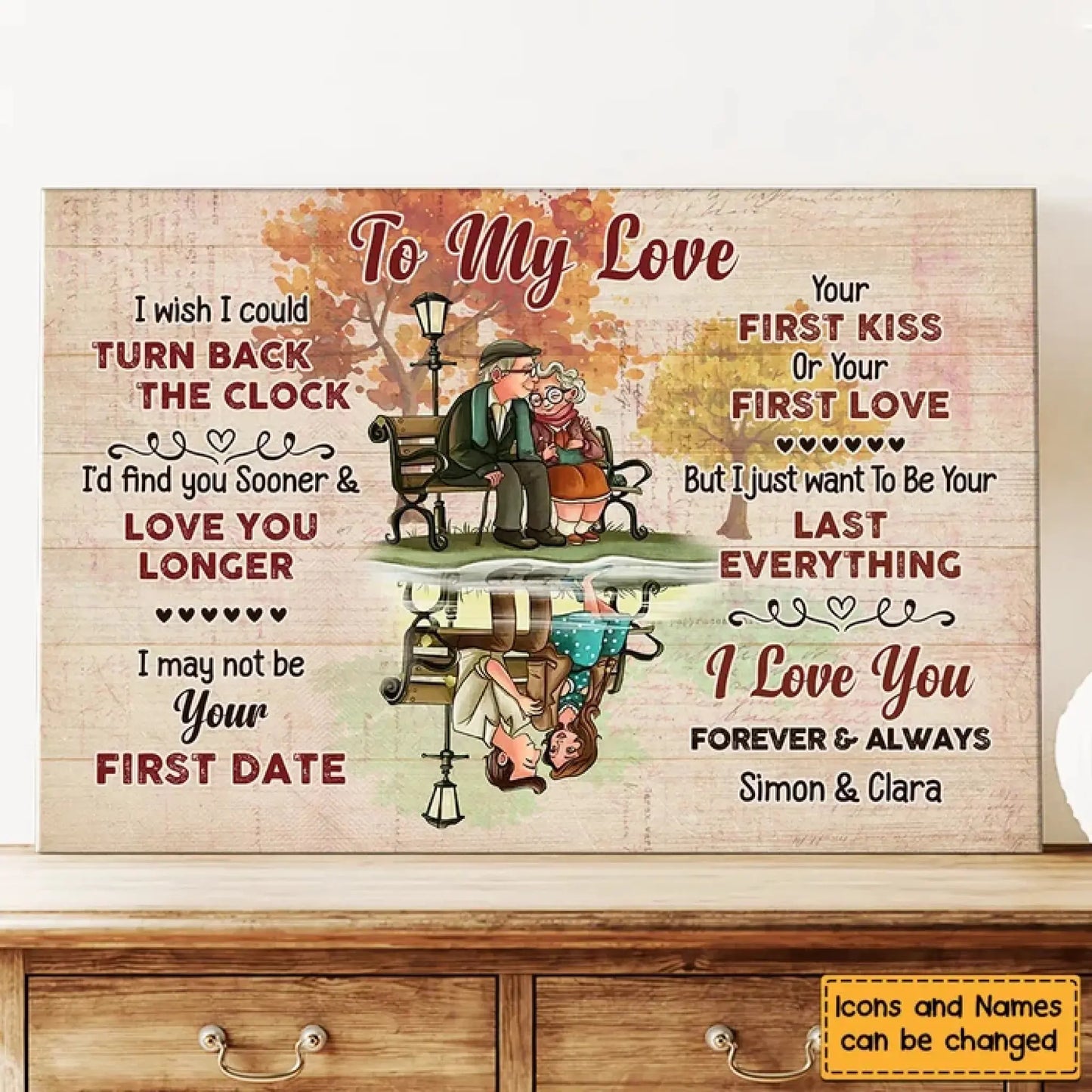 Custom "I Wish I Could Turn Back The Clock" Wall Art – Personalized Canvas Poster Gift for Elderly Couple, Forever Love Bench Scene Ezcustomize