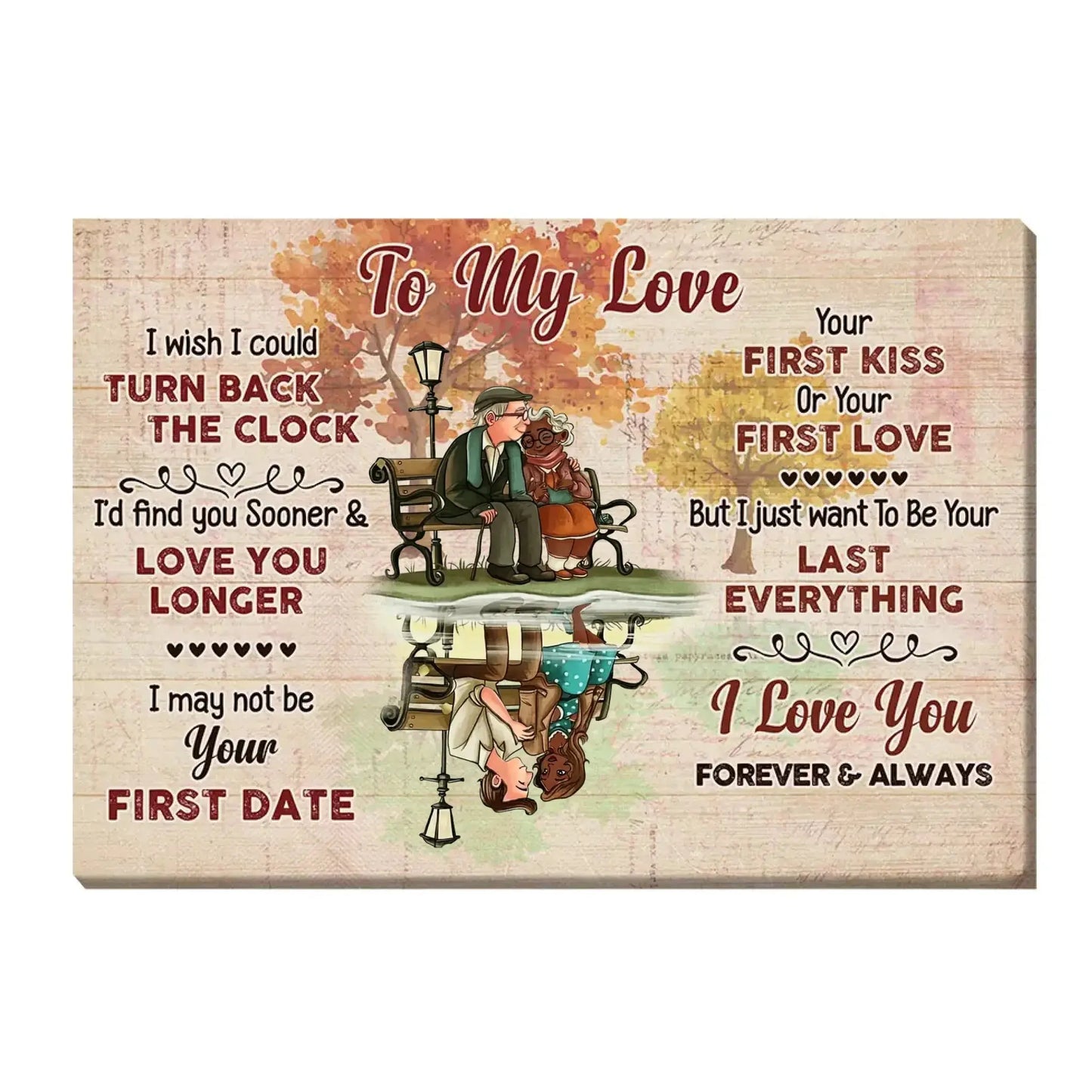 Custom "I Wish I Could Turn Back The Clock" Wall Art – Personalized Canvas Poster Gift for Elderly Couple, Forever Love Bench Scene Ezcustomize