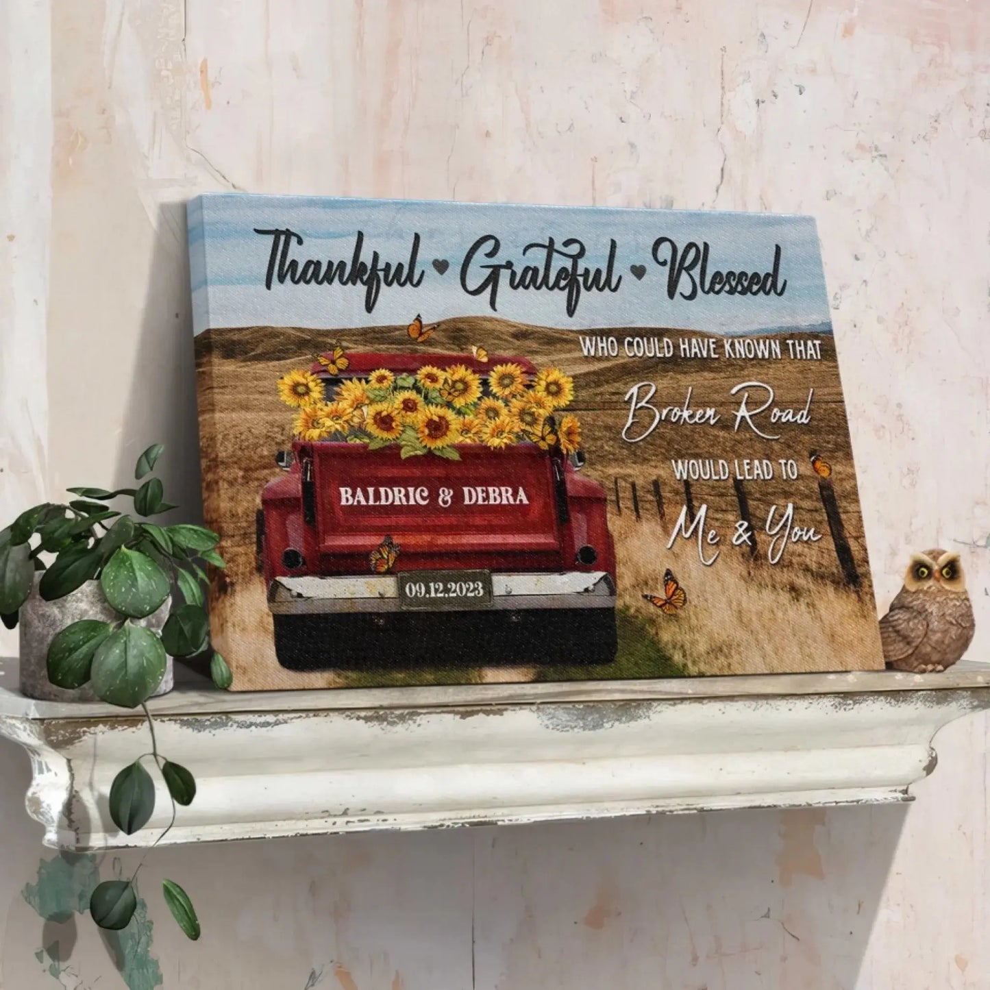 Customized Couple Gifts – Personalized Canvas Print with Rustic Red Truck – Anniversary Gift for Couples, Thankful Grateful Blessed Theme Ezcustomize
