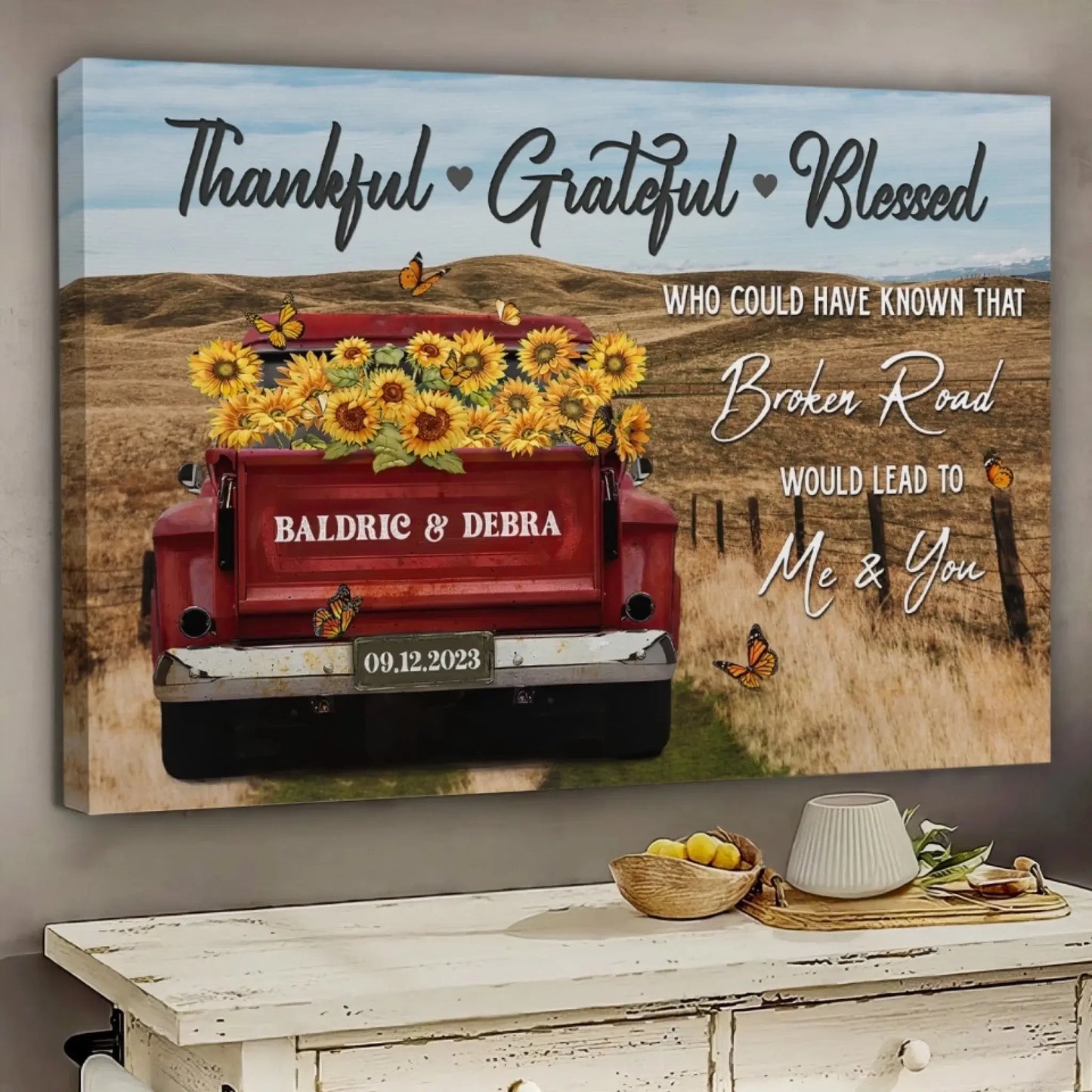 Customized Couple Gifts – Personalized Canvas Print with Rustic Red Truck – Anniversary Gift for Couples, Thankful Grateful Blessed Theme Ezcustomize