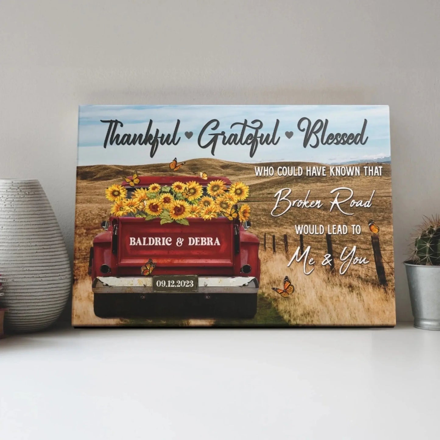 Customized Couple Gifts – Personalized Canvas Print with Rustic Red Truck – Anniversary Gift for Couples, Thankful Grateful Blessed Theme Ezcustomize
