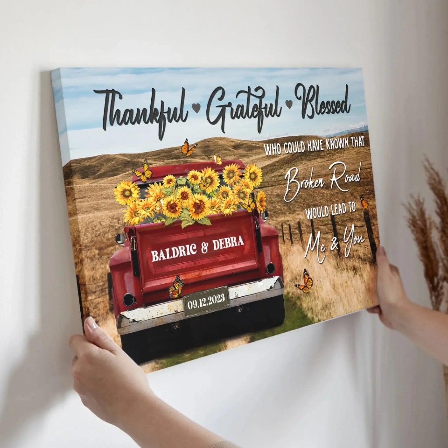 Customized Couple Gifts – Personalized Canvas Print with Rustic Red Truck – Anniversary Gift for Couples, Thankful Grateful Blessed Theme Ezcustomize