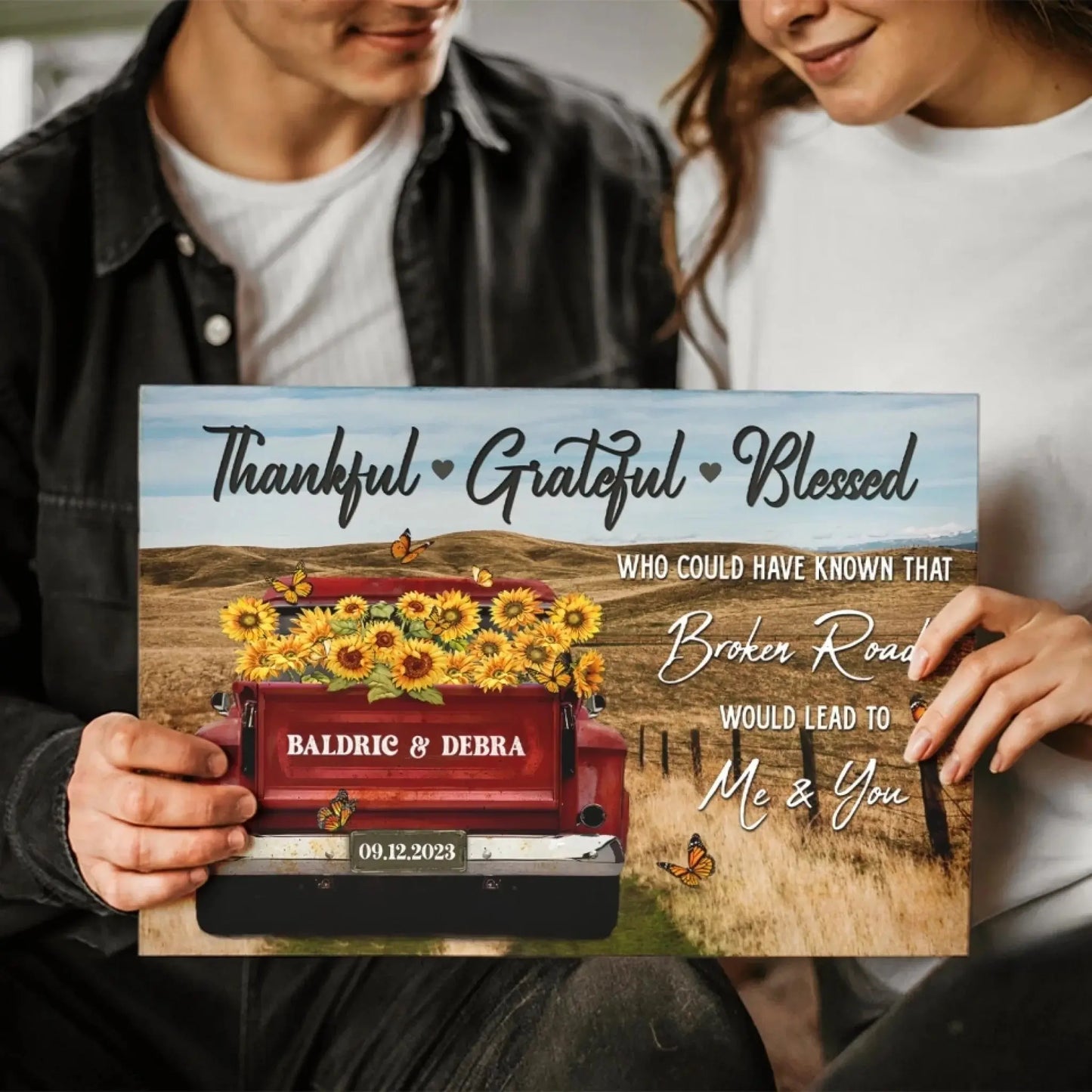 Customized Couple Gifts – Personalized Canvas Print with Rustic Red Truck – Anniversary Gift for Couples, Thankful Grateful Blessed Theme Ezcustomize