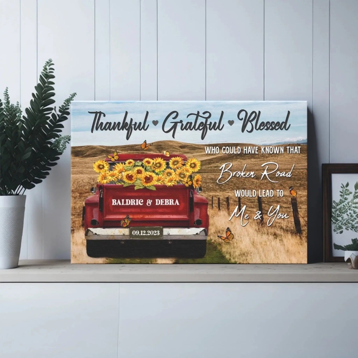 Customized Couple Gifts – Personalized Canvas Print with Rustic Red Truck – Anniversary Gift for Couples, Thankful Grateful Blessed Theme Ezcustomize