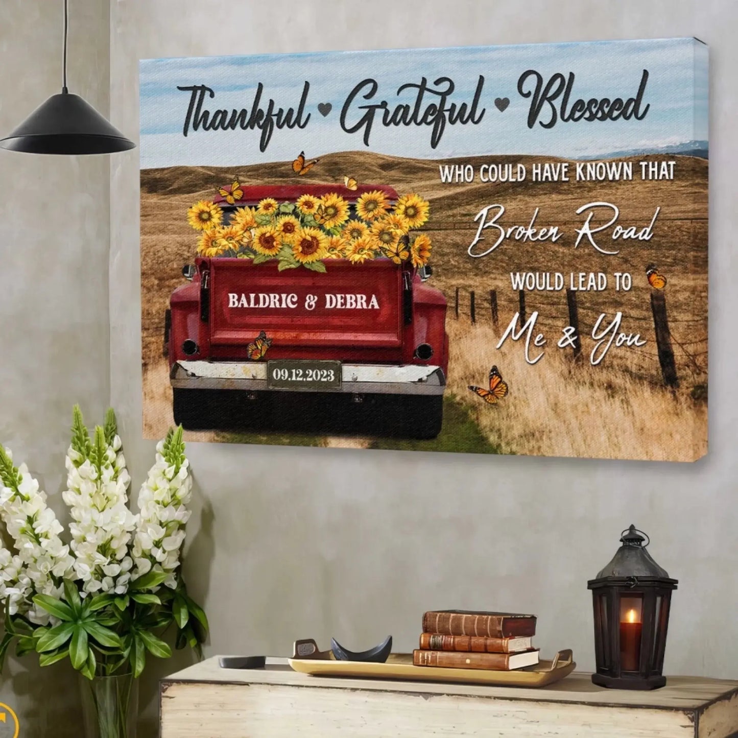 Customized Couple Gifts – Personalized Canvas Print with Rustic Red Truck – Anniversary Gift for Couples, Thankful Grateful Blessed Theme Ezcustomize