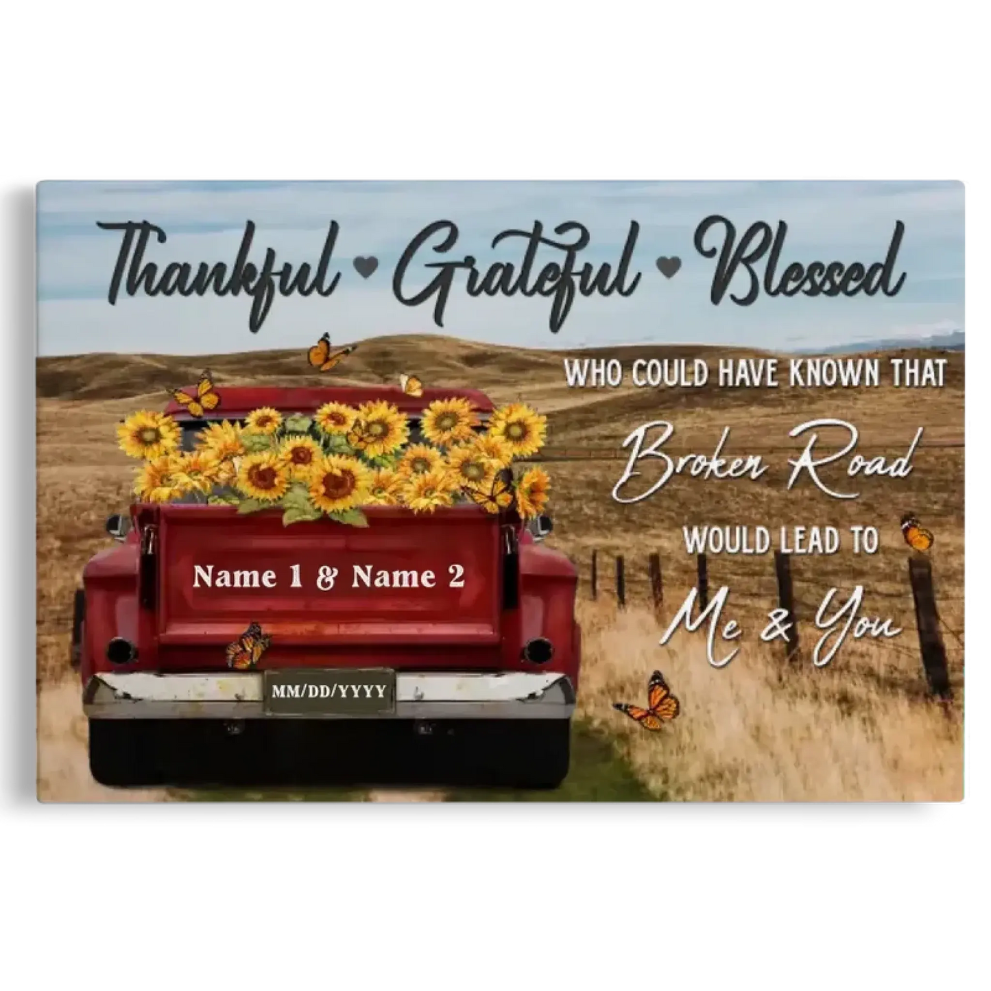 Customized Couple Gifts – Personalized Canvas Print with Rustic Red Truck – Anniversary Gift for Couples, Thankful Grateful Blessed Theme Ezcustomize