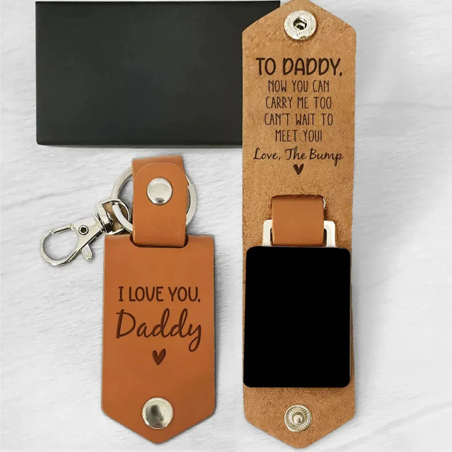 Daddy Can’t Wait to Meet You Keychain – Personalized Leather Photo Gift – Custom Keepsake from Baby Bump for New Dad Ezcustomize